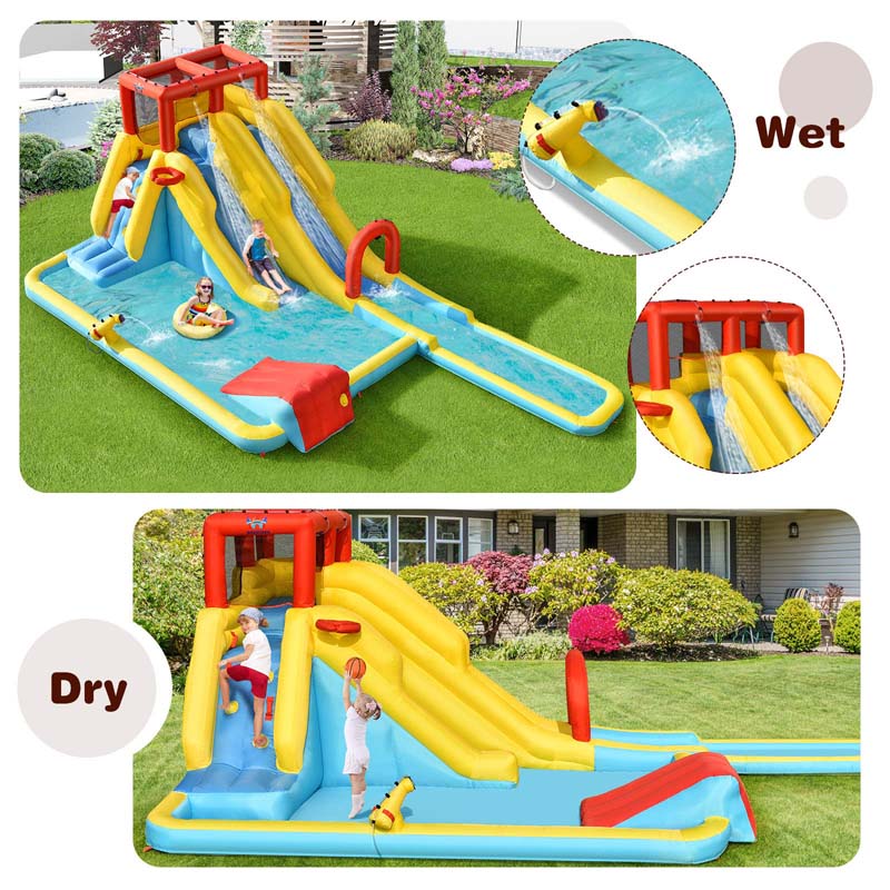 7-in-1 Dual Long Slide Inflatable Water Park with 750W Blower, Jumping Bounce House w/Climbing Wall, Swimming Pool, Basketball Hoop, Water Gun