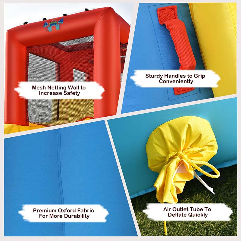 7-in-1 Dual Long Slide Inflatable Water Park with 750W Blower, Jumping Bounce House w/Climbing Wall, Swimming Pool, Basketball Hoop, Water Gun