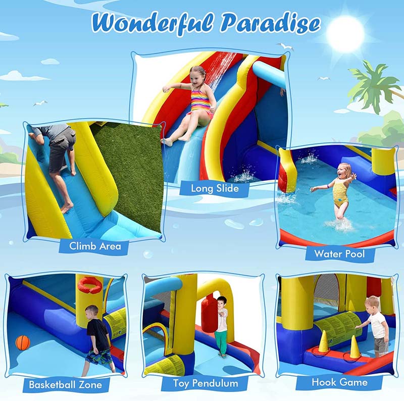 7-in-1 Curved Water Slide Inflatable Bounce Castle with 680W Blower