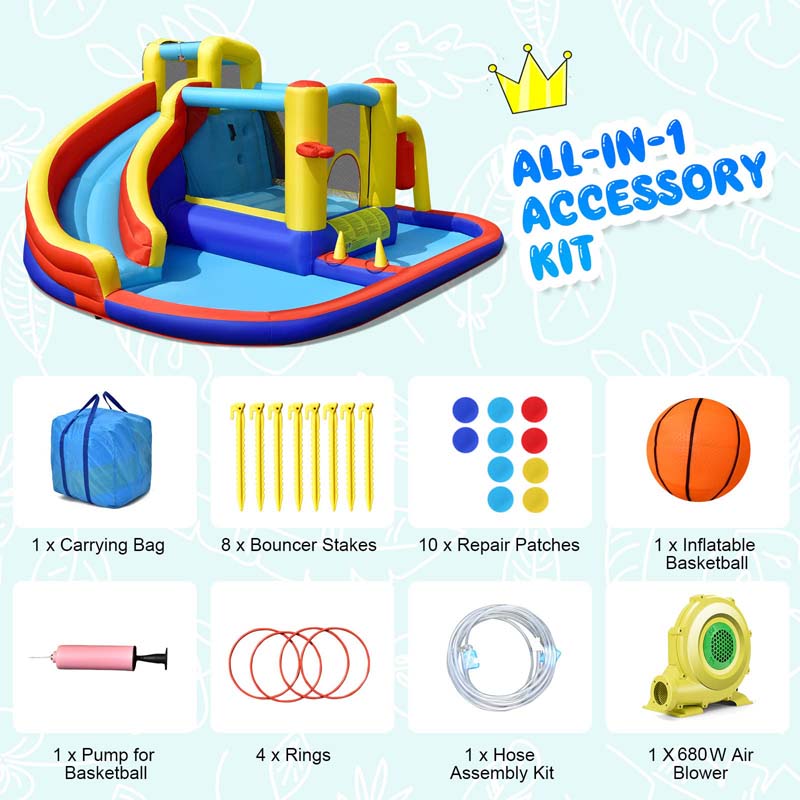 7-in-1 Curved Water Slide Inflatable Bounce Castle with 680W Blower