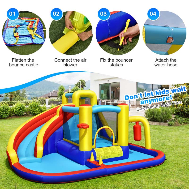 7-in-1 Curved Water Slide Inflatable Bounce Castle with 680W Blower