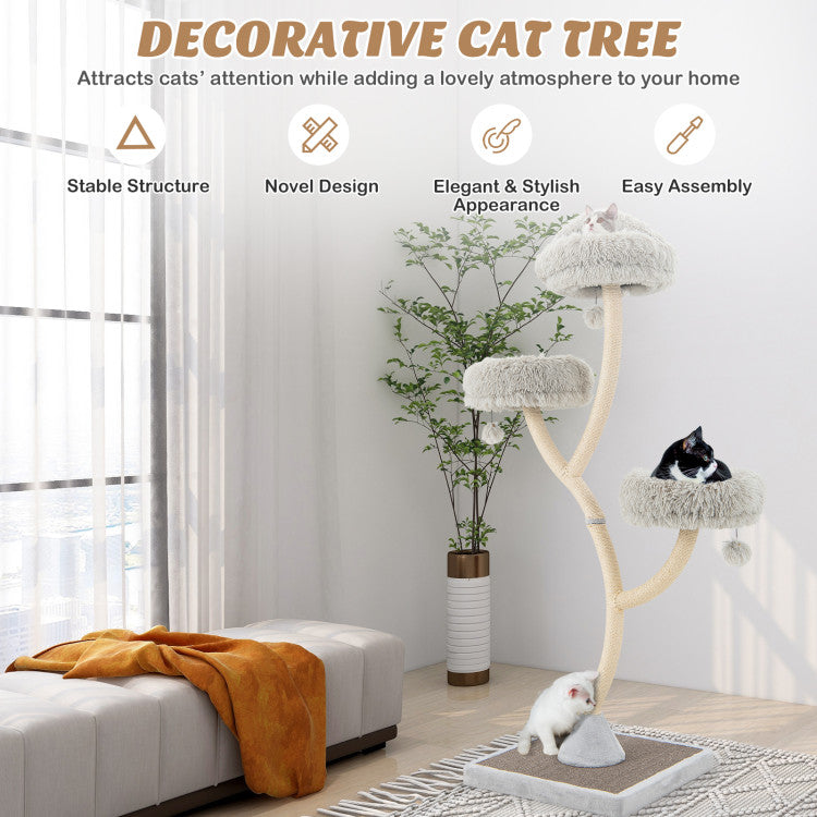 Hikidspace 70 Inch Tall Cat Tree 4-Layer Cat Tower with Detachable Cushions and Dangling Balls_Gray