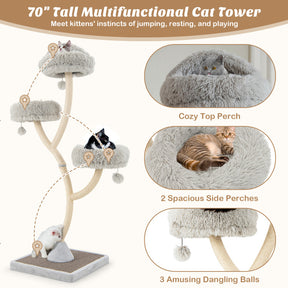 Hikidspace 70 Inch Tall Cat Tree 4-Layer Cat Tower with Detachable Cushions and Dangling Balls_Gray