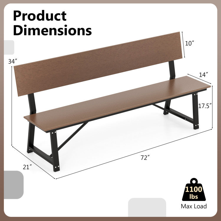 72 Inch Extra Long Outdoor Bench with All-Weather HDPE Seat & Back for 4 Person