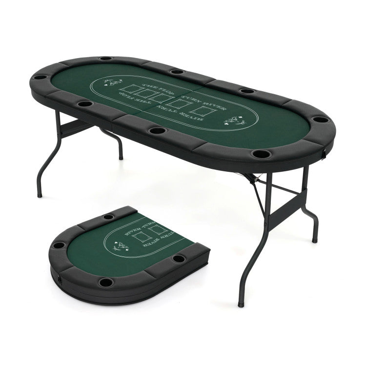 72 Inch Foldable Poker Table Oval Card Board Game Table for 8 Players and 8 Cup Holders