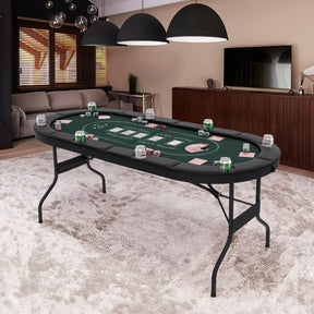 72 Inch Foldable Poker Table Oval Card Board Game Table for 8 Players and 8 Cup Holders