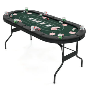 72 Inch Foldable Poker Table Oval Card Board Game Table for 8 Players and 8 Cup Holders