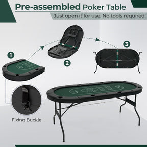 72 Inch Foldable Poker Table Oval Card Board Game Table for 8 Players and 8 Cup Holders