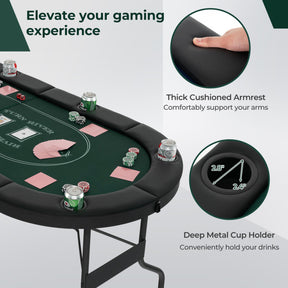 72 Inch Foldable Poker Table Oval Card Board Game Table for 8 Players and 8 Cup Holders