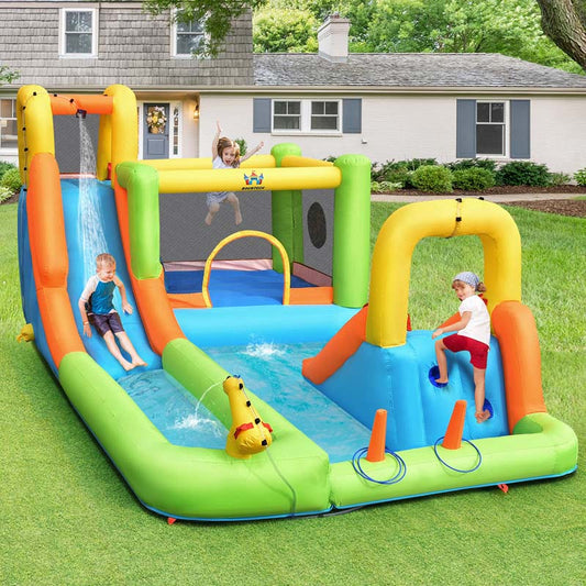 8-in-1 Inflatable Water Slide Outdoor Inflatable Bounce House Jumping Castle Water Park with Water Gun, Ring Toss Game, Climbing Wall