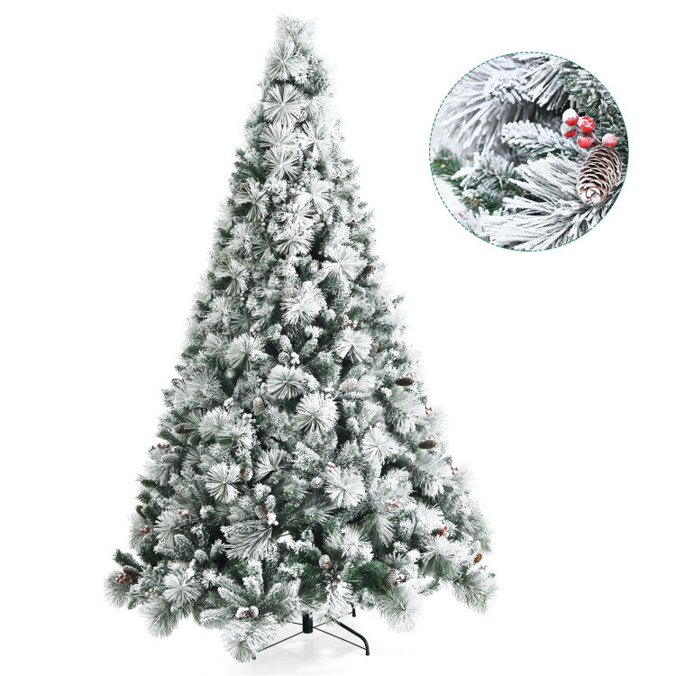 8 Feet Snow Flocked Artificial Christmas Tree with Pine Cone and Red Berries