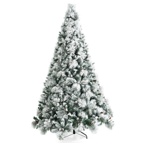 8 Feet Snow Flocked Artificial Christmas Tree with Pine Cone and Red Berries