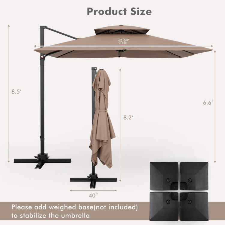 9.5 Feet Cantilever Patio Umbrella with 360° Rotation and Double Top