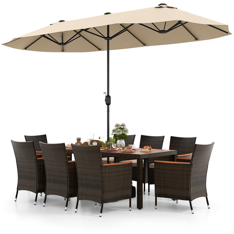 9 Piece Outdoor Dining Set with 15 Feet Double-Sided Twin Patio Umbrella and Cushions