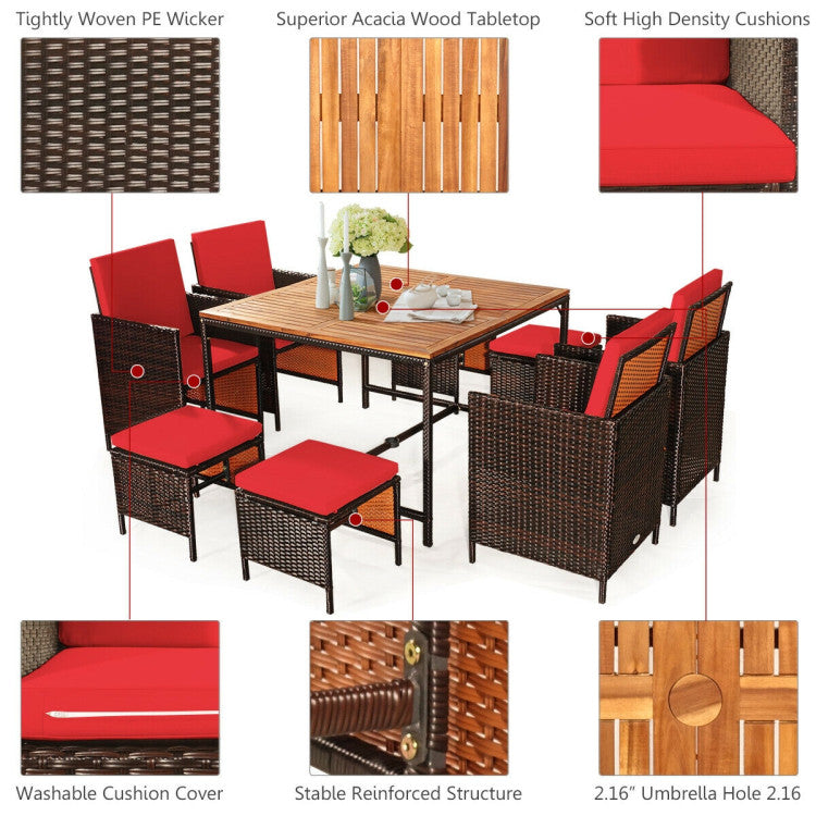 9 Pieces Rattan Dining Table Chairs Set for Patio with  Cushion
