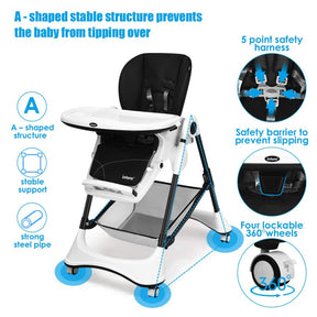 A-Shaped Adjustable High Chair with 4 Lockable Wheels and Detachable Storage Basket