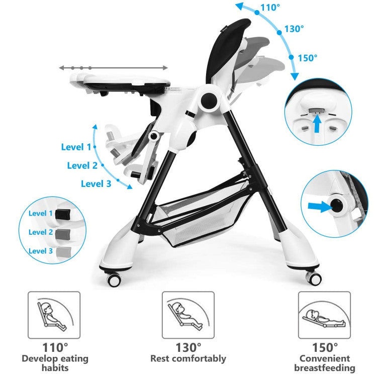 A-Shaped Adjustable High Chair with 4 Lockable Wheels and Detachable Storage Basket