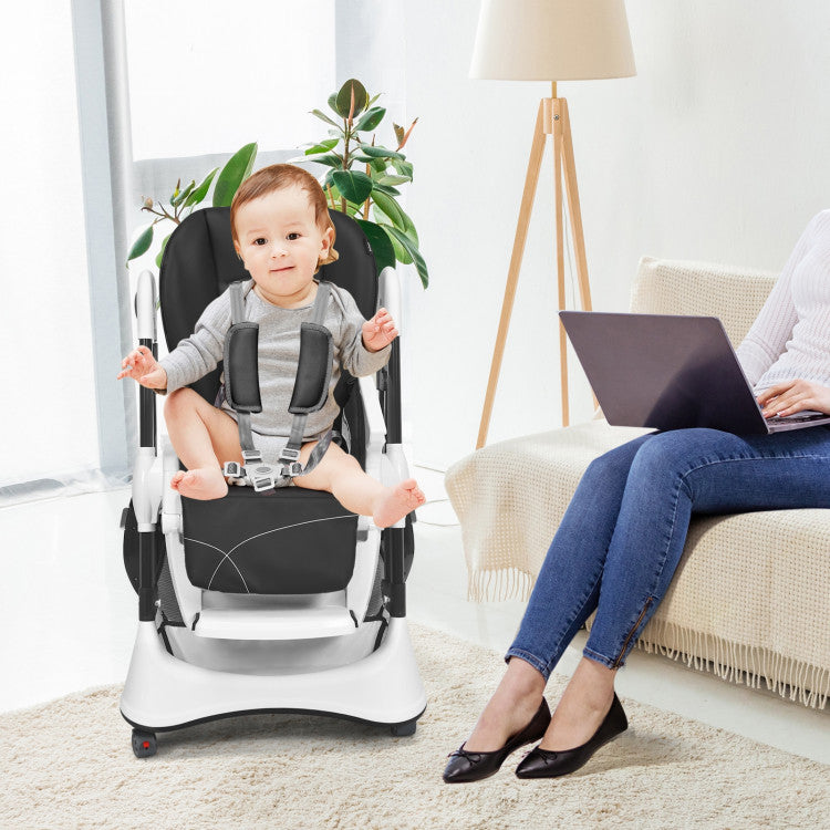 A-Shaped Adjustable High Chair with 4 Lockable Wheels and Detachable Storage Basket