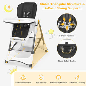 A-Shaped Adjustable High Chair with 4 Lockable Wheels and Detachable Storage Basket