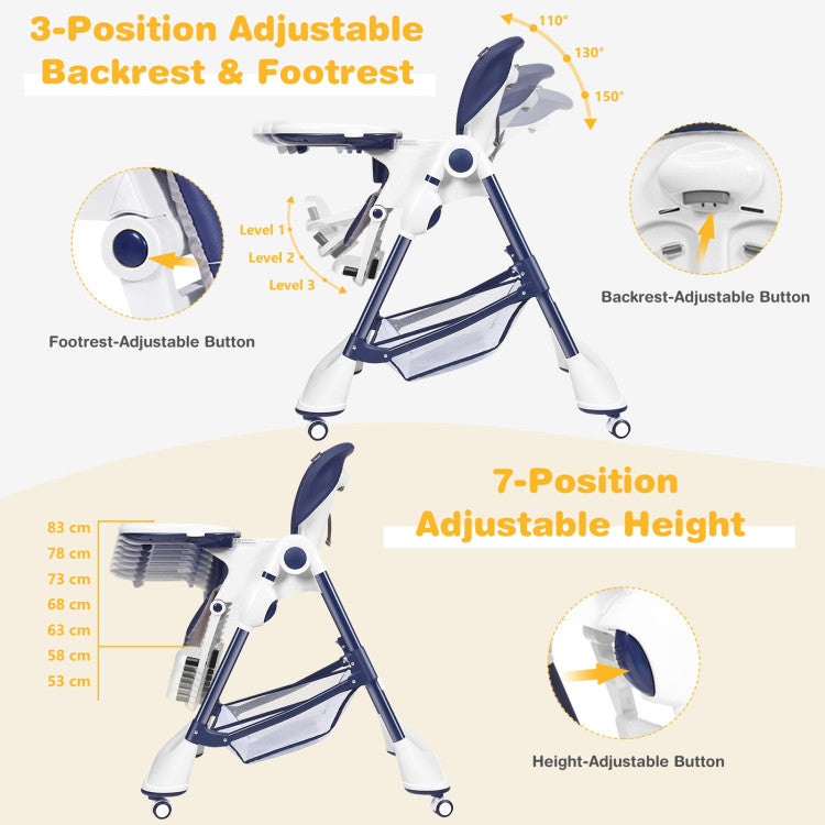 A-Shaped Adjustable High Chair with 4 Lockable Wheels and Detachable Storage Basket