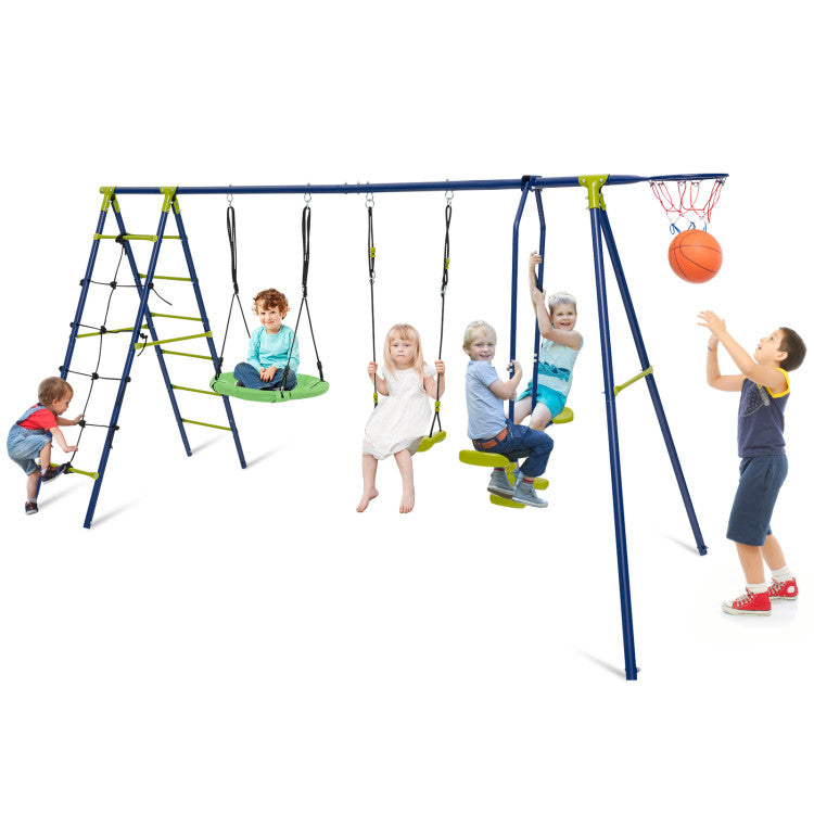 Adjustable Height 550 LBS 6-in-1 Kids Play Swing Set with Climbing Net and Ladder