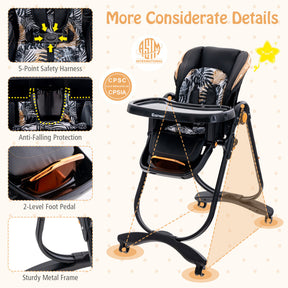 Adjustable Height Folding Baby Dining High Chair with Detachable Tray and Wheels