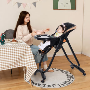 Adjustable Height Folding Baby Dining High Chair with Detachable Tray and Wheels