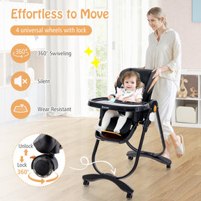 Adjustable Height Folding Baby Dining High Chair with Detachable Tray and Wheels