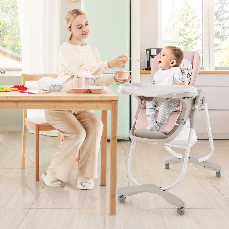 Adjustable Height Folding Baby High Chair with Rolling Wheels and Removable Tray