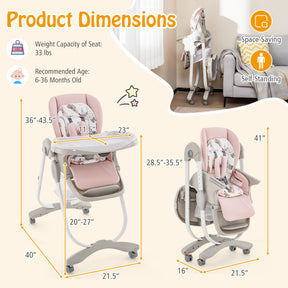 Adjustable Height Folding Baby High Chair with Rolling Wheels and Removable Tray