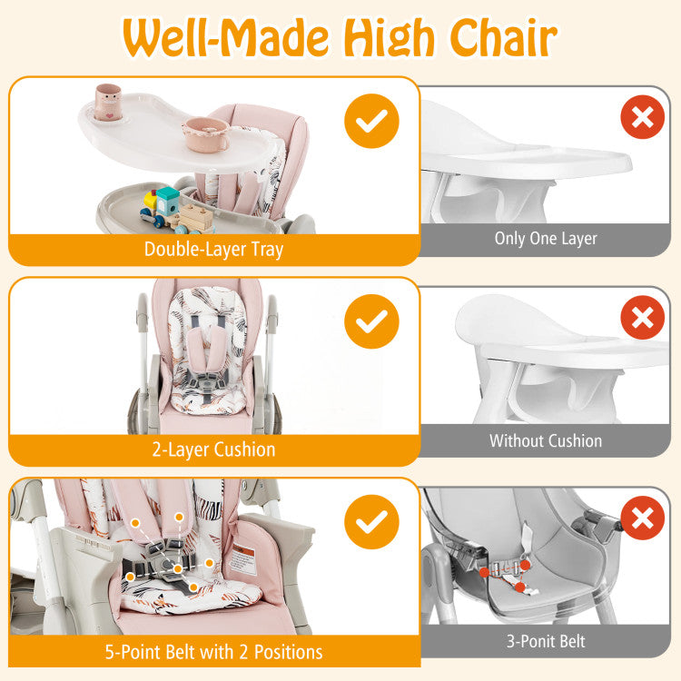 Adjustable Height Folding Baby High Chair with Rolling Wheels and Removable Tray