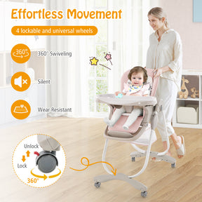 Adjustable Height Folding Baby High Chair with Rolling Wheels and Removable Tray