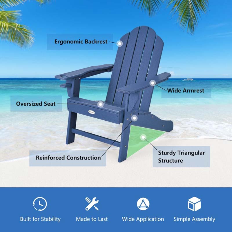 All-Weather HDPE Adirondack Chair with Cup Holder, Outdoor Patio Adirondack Chair, Fire Pit Chair for Porch Garden Poolside Beach