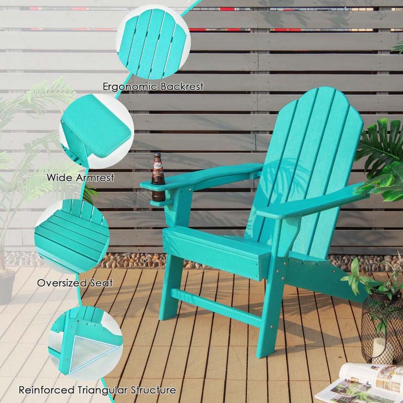 All-Weather HDPE Adirondack Chair with Cup Holder, Outdoor Patio Adirondack Chair, Fire Pit Chair for Porch Garden Poolside Beach