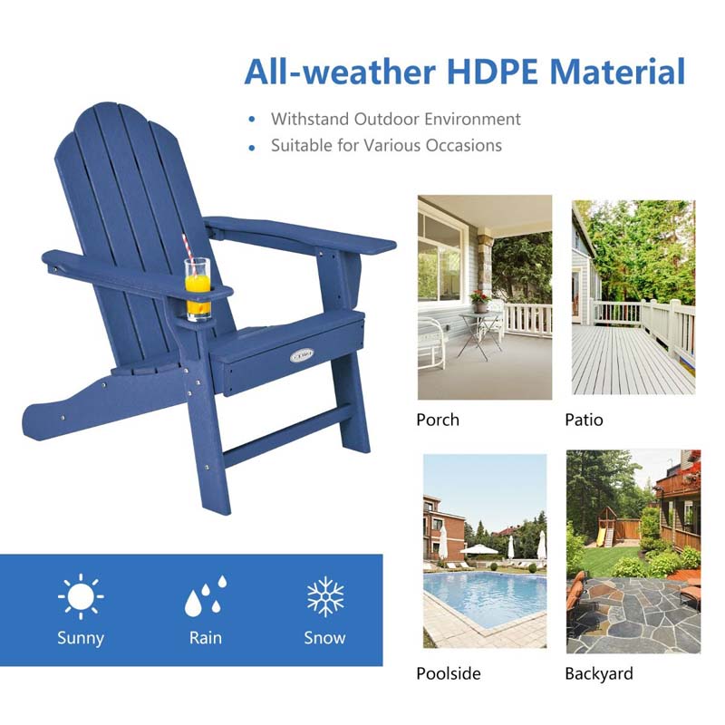 All-Weather HDPE Adirondack Chair with Cup Holder, Outdoor Patio Adirondack Chair, Fire Pit Chair for Porch Garden Poolside Beach