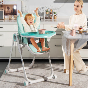 Baby Foldable Feeding High Chair with 4 Lockable Wheels and Adjustable Heights