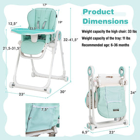 Baby Foldable Feeding High Chair with 4 Lockable Wheels and Adjustable Heights