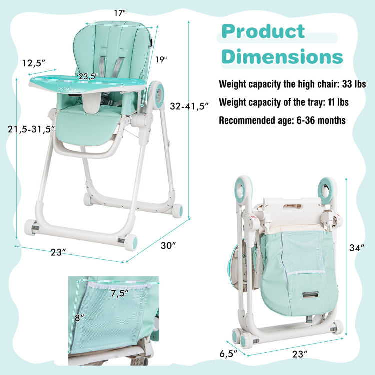 Baby Foldable Feeding High Chair with 4 Lockable Wheels and Adjustable Heights