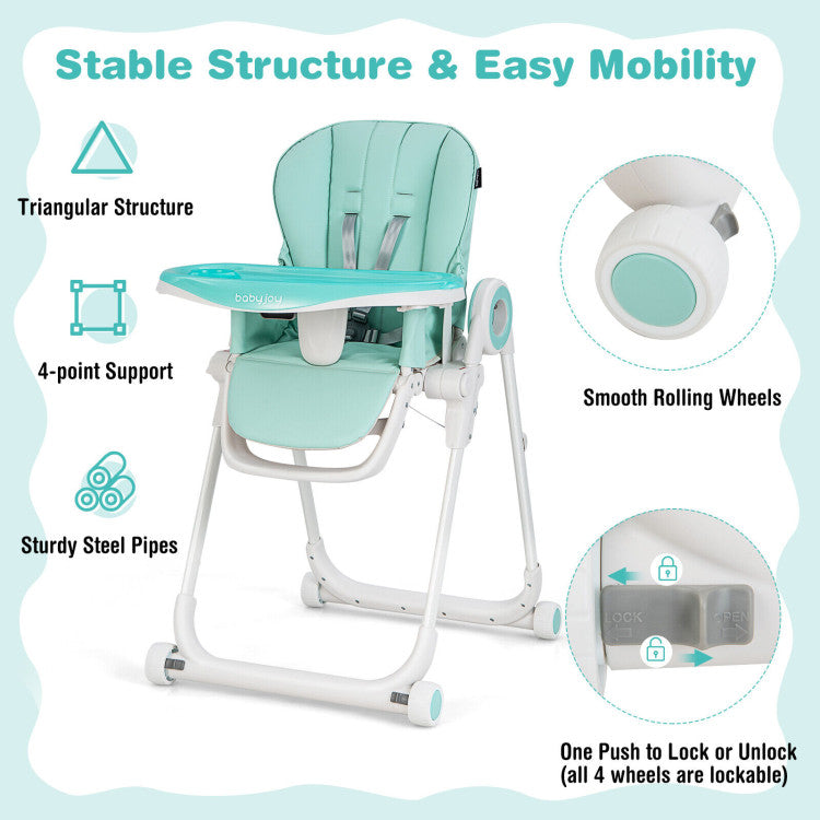 Baby Foldable Feeding High Chair with 4 Lockable Wheels and Adjustable Heights