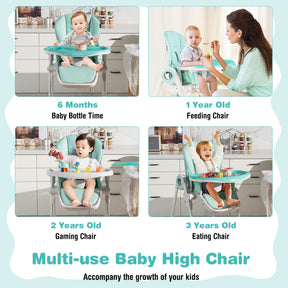 Baby Foldable Feeding High Chair with 4 Lockable Wheels and Adjustable Heights