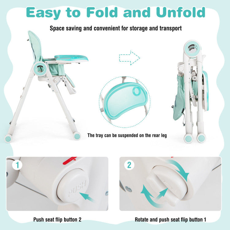 Baby Foldable Feeding High Chair with 4 Lockable Wheels and Adjustable Heights