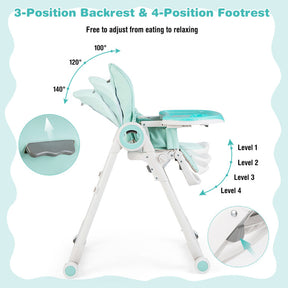 Baby Foldable Feeding High Chair with 4 Lockable Wheels and Adjustable Heights