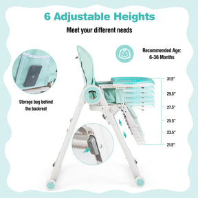 Baby Foldable Feeding High Chair with 4 Lockable Wheels and Adjustable Heights