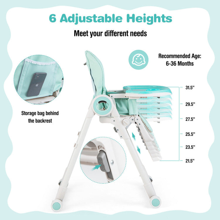 Baby Foldable Feeding High Chair with 4 Lockable Wheels and Adjustable Heights