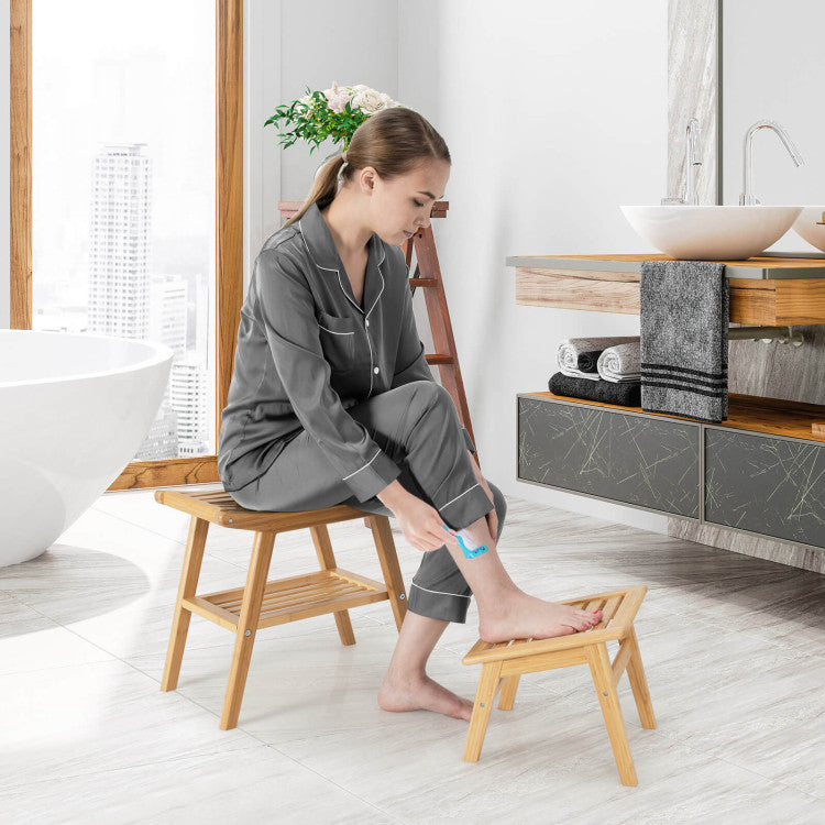 Bamboo Anti-slip Shower Seat Bench with Underneath Storage Shelf