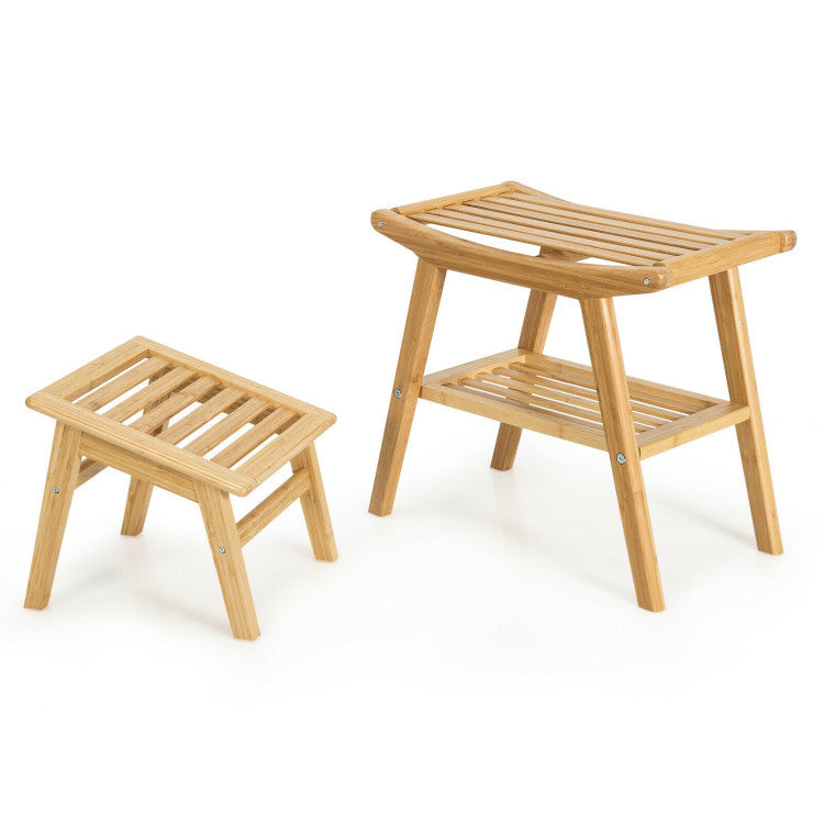 Bamboo Anti-slip Shower Seat Bench with Underneath Storage Shelf