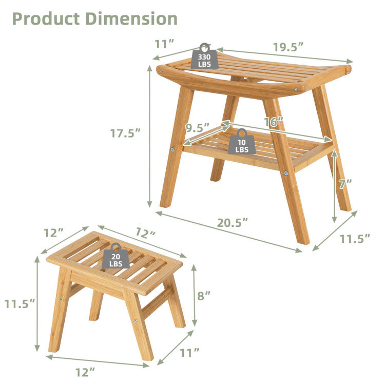 Bamboo Anti-slip Shower Seat Bench with Underneath Storage Shelf