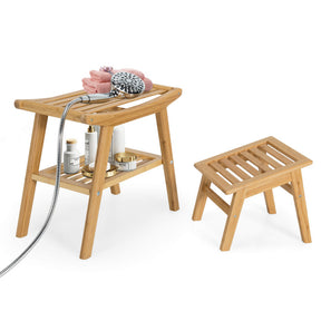 Bamboo Anti-slip Shower Seat Bench with Underneath Storage Shelf