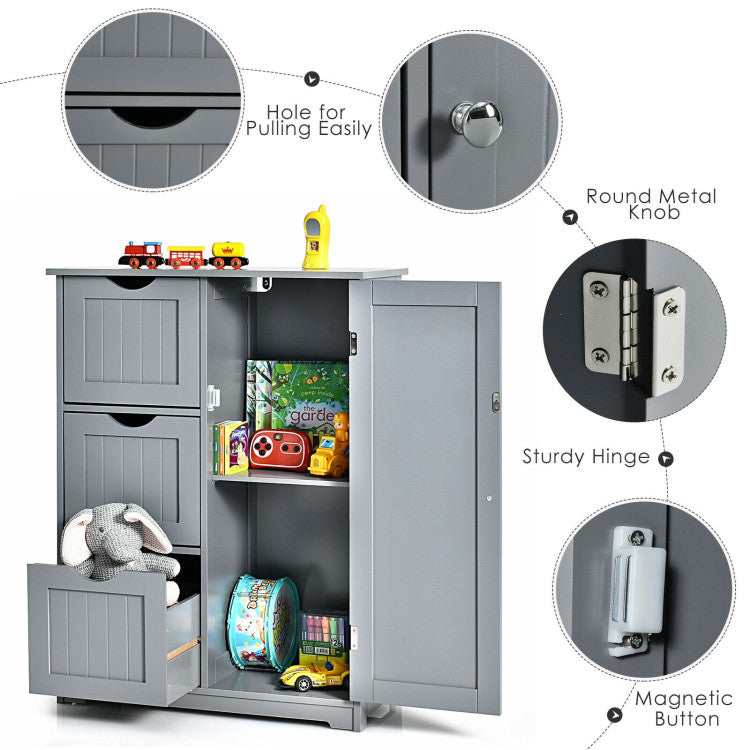 Hikidspace Floor Cabinet Side Storage Cabinet with 3 Drawers and Adjustable Shelves for Bathroom and Bedroom_Gray