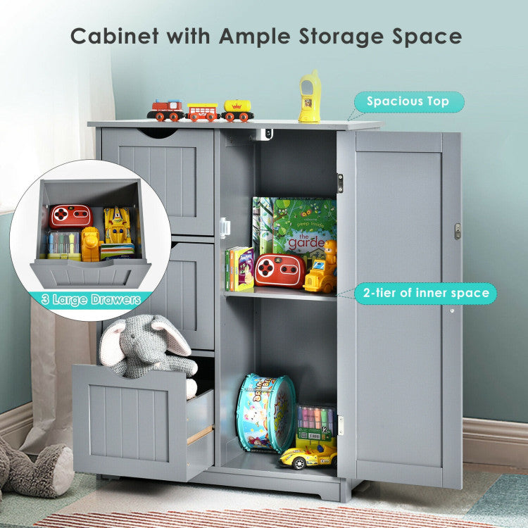 Hikidspace Floor Cabinet Side Storage Cabinet with 3 Drawers and Adjustable Shelves for Bathroom and Bedroom_Gray